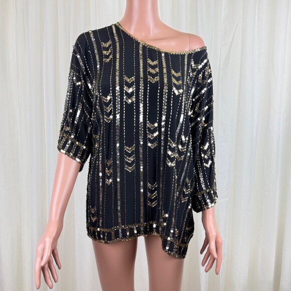 Vintage 80's Three Flaggs 100% Silk Beaded Sequins Blouse Top Sz Large Black - Picture 1 of 13